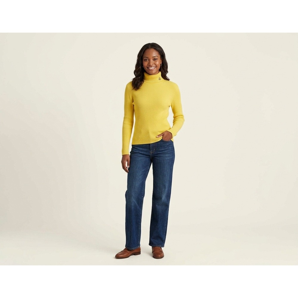 Lauren Ralph Lauren Turtleneck Women PL Yellow Ribbed Cotton Knit LRL Logo